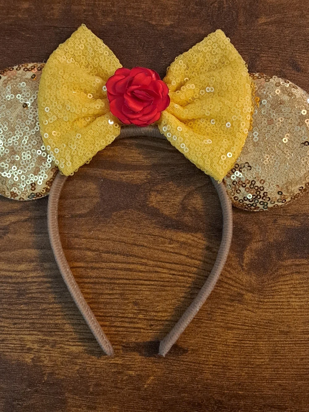 Princess Belle Gold Sequin Mouse Ear Headband and Scrunchie Set with Yellow Bow